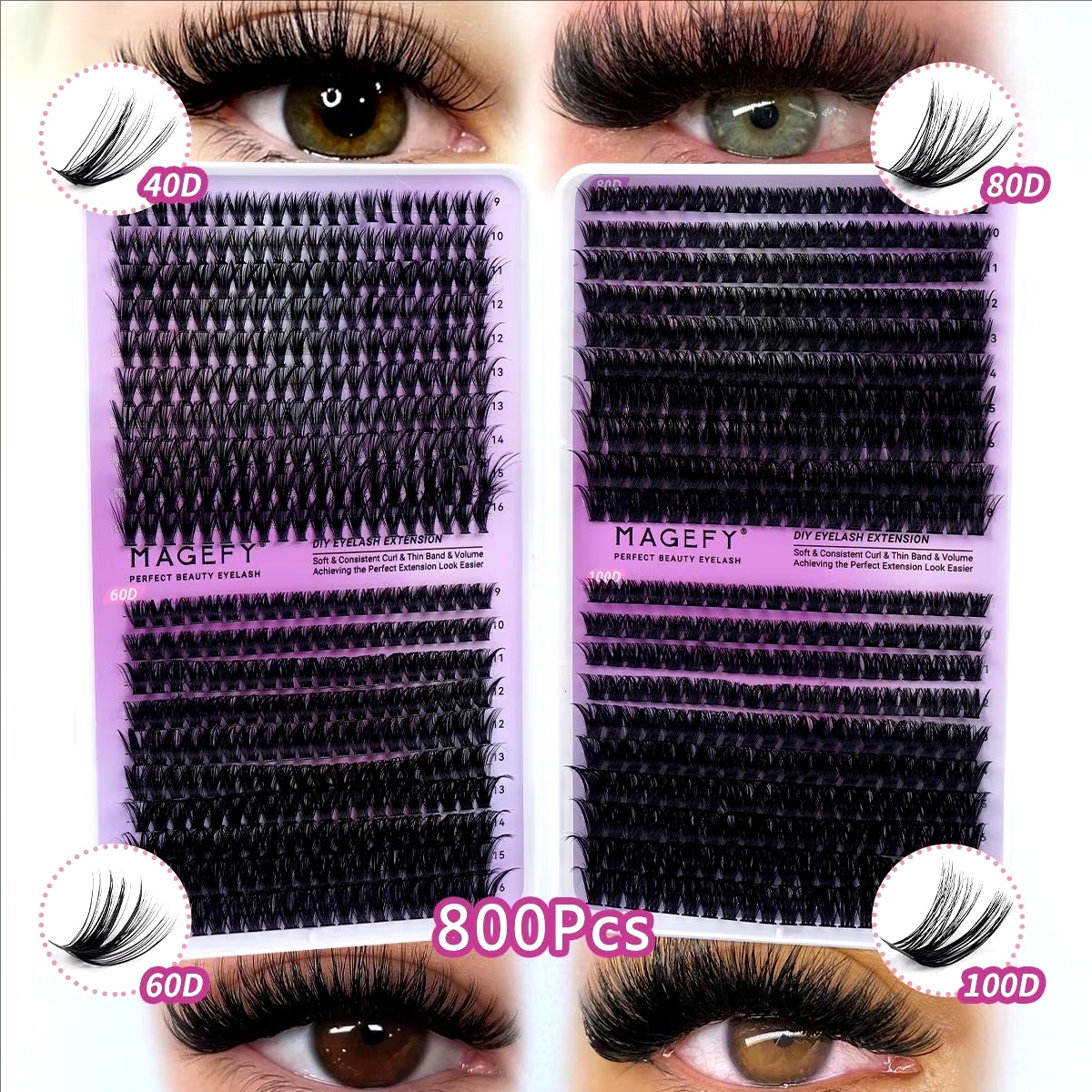 MJ DIY Lashes Extensions Kit 800Pcs Lash Clusters 80D/100D Wispy Individual Lashes Mix 9-18Mm Cluster Eyelash Extension
