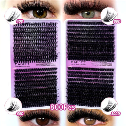 MJ DIY Lashes Extensions Kit 800Pcs Lash Clusters 80D/100D Wispy Individual Lashes Mix 9-18Mm Cluster Eyelash Extension